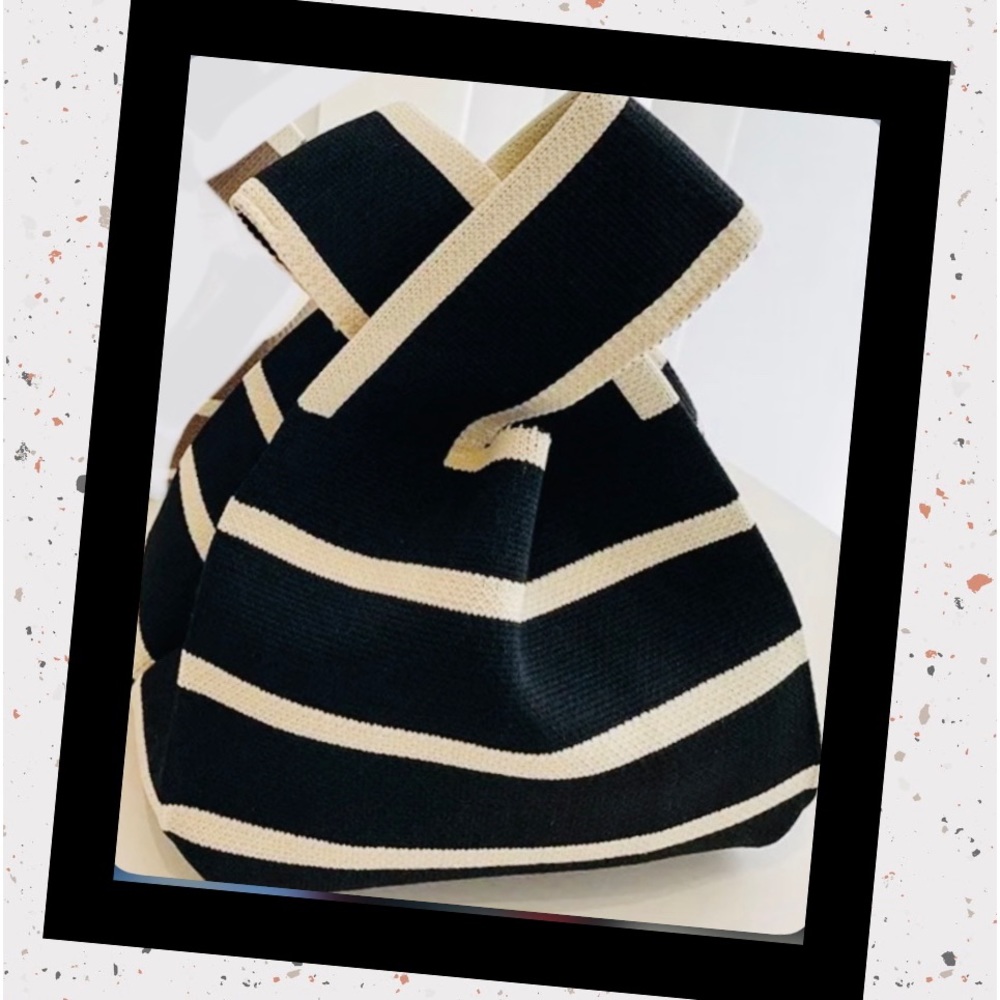 Fashionable Handmade Knitted Wide Black/Cream Striped Casual Tote Bag